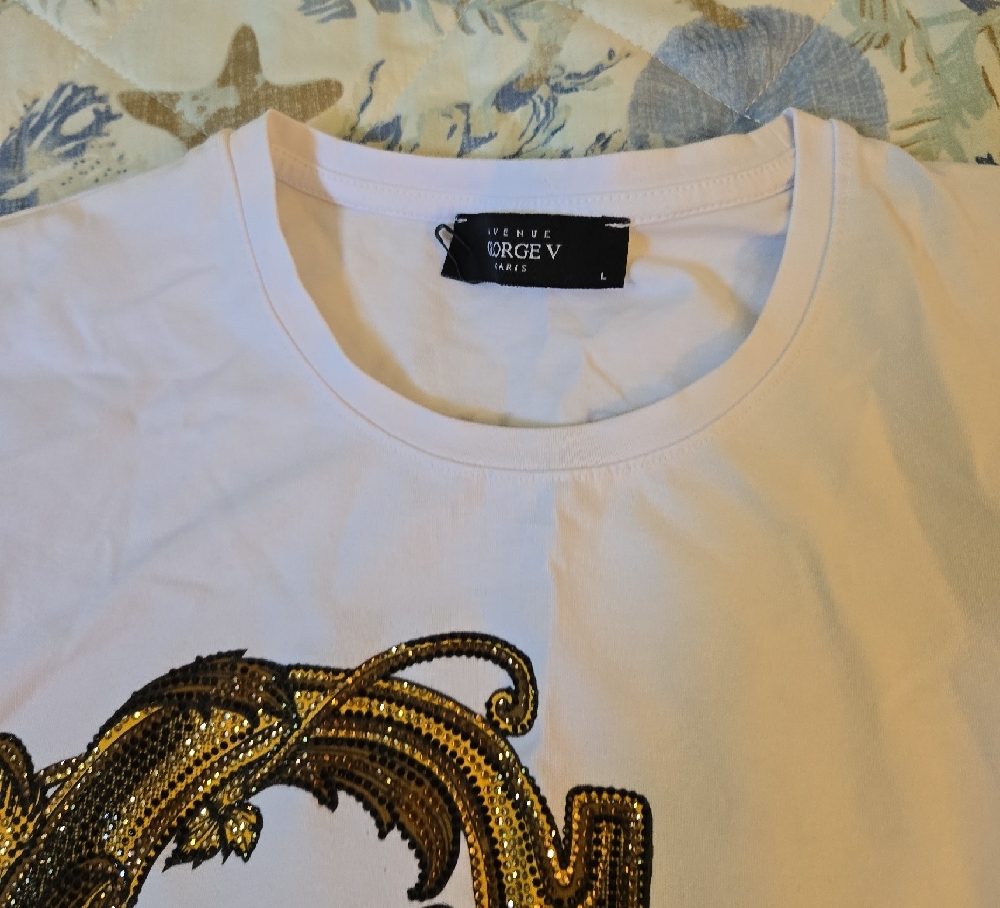 George Mens Tee in White with GoldBeaded Lettering - Picture 3 of 4